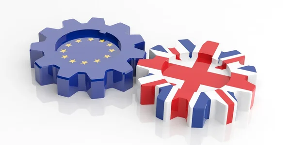 Engranajes de renderizado 3d con banderas de la UE y el Reino Unido —  Fotos de Stock