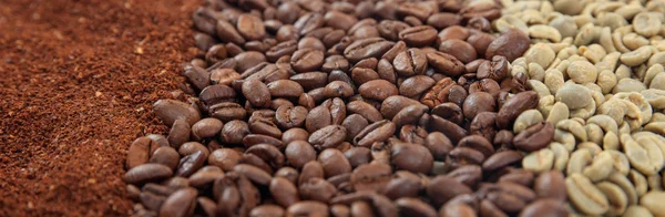 Green and dark coffee beans and ground coffee — Stock Photo, Image