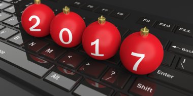 3D render bir klavye üzerinde Noel topları