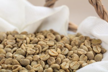 Sepet içinde yeşil kahve çekirdekleri