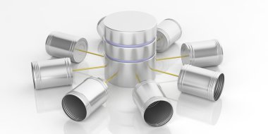 3D render teneke kutular telefon ve veritabanı