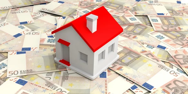 3d rendering small house on 50 euros banknotes — Stock Photo, Image