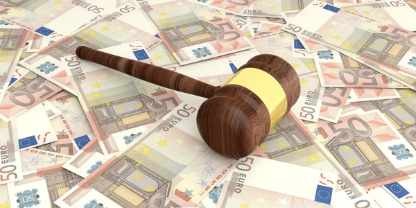 3d rendering auction gavel on 50 euros banknotes — Stock Photo, Image