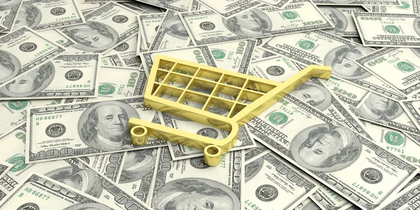 3d rendering shopping cart on100 dollars banknotes — Stock Photo, Image