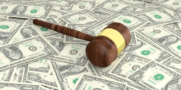 3d rendering auction gavel on one dollar banknotes — Stock Photo, Image