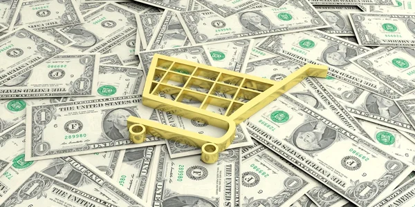 3d rendering shopping cart on one dollar banknotes — Stock Photo, Image