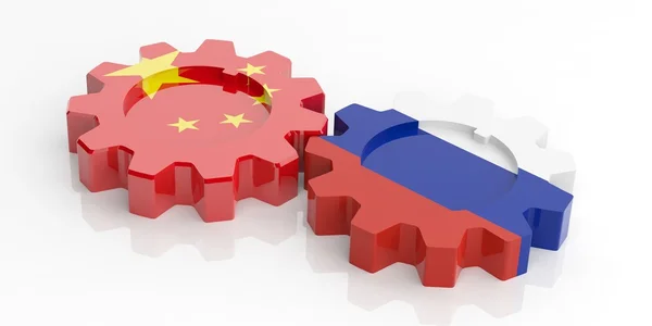 3d rendering Russia e Cina bandiere ingranaggi — Foto Stock