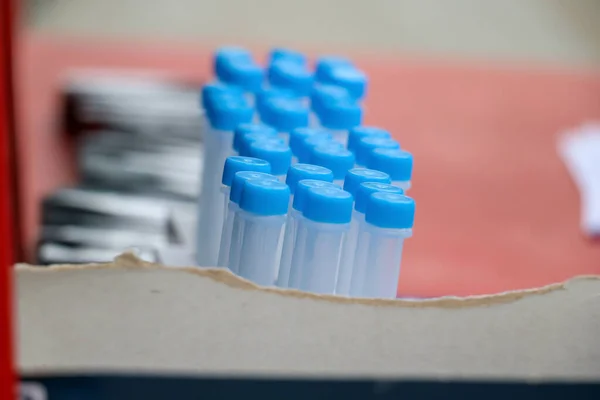 Covid 19 test. Empty lab tubes for coronavirus disease diagnosis. Laboratory equipment closeup view