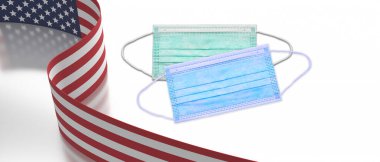ABD Amerika seçimleri 2020, COVID 19. Beyaz arka planda Amerikan bayrağı ilanı ve tıbbi maskeler kopyalama alanı, kart şablonu. 3d illüstrasyon