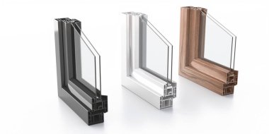 Alüminyum çerçeveler beyaz arkaplanda izole edilmiş çift camlı profil. PVC ya da ahşap kapılar, pencereler ve kapılar. 3B illüstrasyon