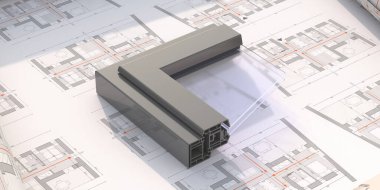 Alüminyum profil çerçevesi arka planda çift camlı. PVC metali gümüş renkli pencereler ve kapılar arasında ince ayrıntı var. 3B illüstrasyon