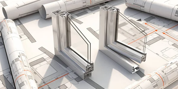 铝框在蓝图背景上打开和关闭 Pvc金属银质门窗 门型细部横截面 3D插图 — 图库照片