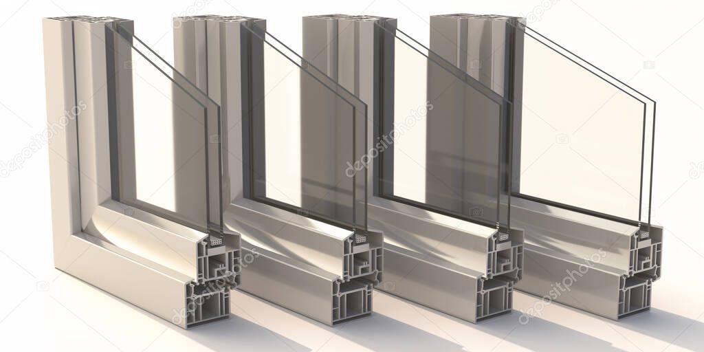 Aluminum profile frames double glazing isolated on white background. PVC metal silver color windows and doors detail cross section.  3D illustration