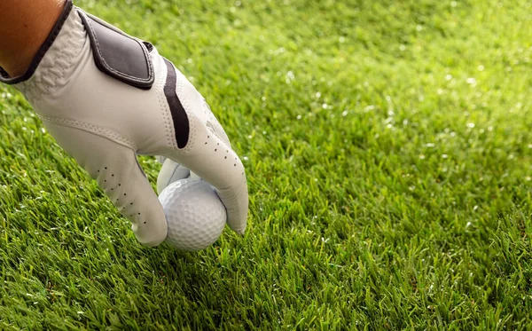 Mão Luva Golfe Segurando Uma Bola Golfe Fundo Gramado Campo — Fotografia de Stock