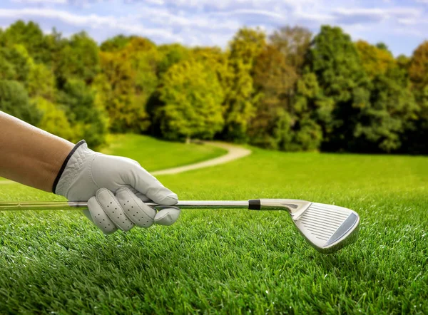 Golfer hand in glove holding a club, close up view. Golf course, blue sky background.
