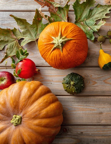 Thanksgiving Flat Lay Colorful Pumpkins Fruits Fall Leaves Rustic Wooden — Stock Photo, Image