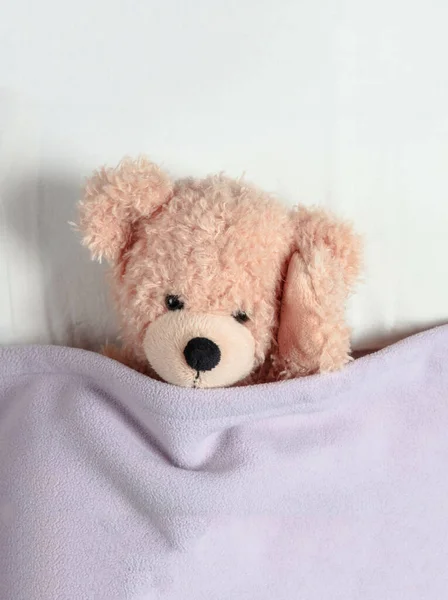 Kopfschmerzen Schlaflosigkeit Niedlicher Teddy Bett Seinen Kopf Haltend Und Mit — Stockfoto