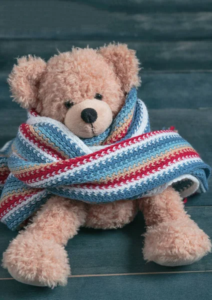 Inverno Freddo Solitudine Teddy Con Sciarpa Seduta Sola Una Panchina — Foto Stock