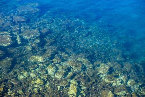 Tranquil life a sunny day concept. Clear crystal shallow blue sea water and rocky seabed background, high angle view, wallpaper. Destination for calm vacations.