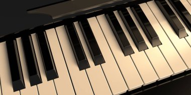 Piyano tuşları, yukarıdan görüş. Piyano klavyesindeki yumuşak ışık, yakın çekim görüntüsü. Klasik müzik konsepti. 3d illüstrasyon