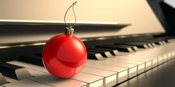 Christmas Ornament Piano Keys Closeup View Xmas Red Bauble Keyboard — Stock Photo, Image