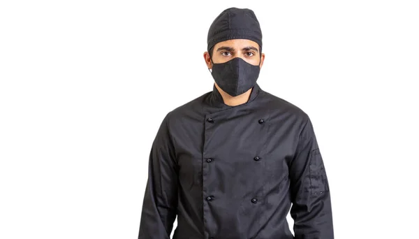 Chef Zeiten Des Coronavirus Junge Köchin Mit Schwarzer Gesichtsschutzmaske Aus — Stockfoto
