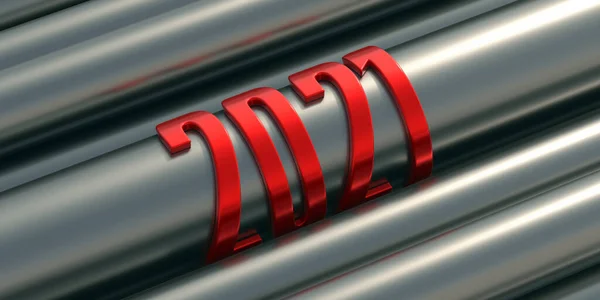 2021 Año Nuevo Número Rojo Tubos Acero Metal Tubos Fondo — Foto de Stock