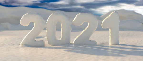 2021 Neujahr Nummer Bedeckt Mit Weihnachtsschnee Auf Einer Verschneiten Landschaft — Stockfoto