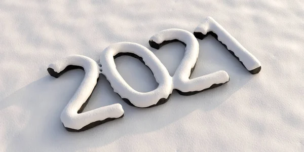 2021 new year, number covered with christmas snow on a snowy background. Holidays winter season. 3d illustration