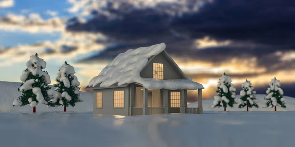 House Illuminated Snowy Landscape Blue Cloudy Sky Christmas Snow Covered — Stock Photo, Image