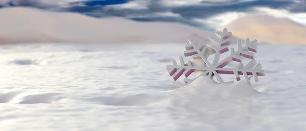 圣诞假期卡片模板 雪花在冬天的圣诞降雪覆盖着山水的背景 复制空间 3D说明 — 图库照片