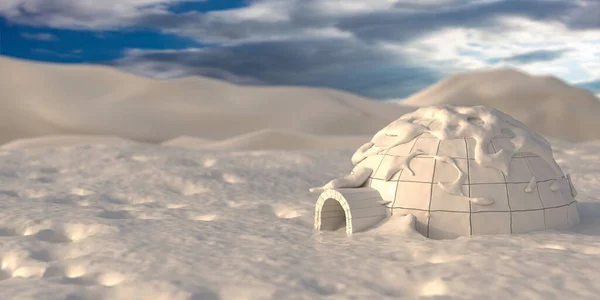 Igloo Winter Poollandschap Sneeuw Bedekt Veld Berg Blauwe Bewolkte Lucht — Stockfoto