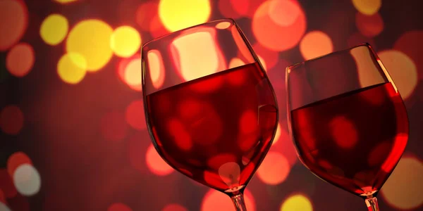 Red Wine Glasses Christmas Lights Colorful Bokeh Background Two Wineglasses — Stock Photo, Image