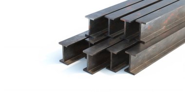 Çelik kiriş üretimi. Metal kirişler beyaz arkaplanda izole edilmiş, kopyalama alanı. 3d illüstrasyon