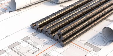 Çelik parmaklıkların güçlendirilmesi, metal yuvarlak demirler inşaat projesinin arka planına yığılmış durumda. Güçlendirilmiş beton malzeme. 3d illüstrasyon