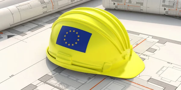 Construction industry safety in EU. European Union flag hardhat yellow color on residential building project blueprint plans, 3d illustration