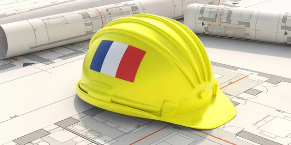Construction industry safety in France. French flag hardhat yellow color on residential building project blueprint plans, 3d illustration