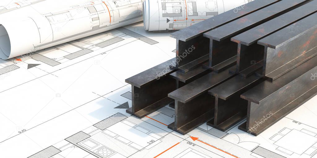 Steel beams production. Metal girders stack on project construction blueprints background, copy space. 3d illustration