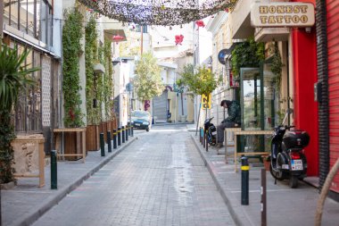 Athens, Greece - November 10, 2020. COVID19 coronavirus lockdown. Empty streets in the city center, business closed, Monastiraki historical touristic area clipart