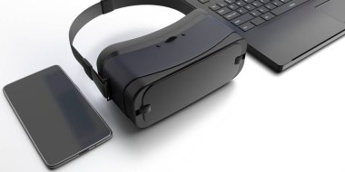 VR ekipmanları. Sanal gerçeklik kulaklığı, cep telefonu ve beyaz arka planda bilgisayar bilgisayarı. Oyun seti, gelecekteki teknoloji cihazları. 3d illüstrasyon.