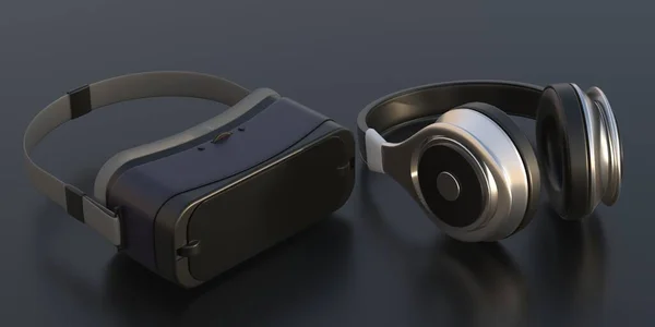 Virtuální Realita Headset Brýle Sluchátka Černém Pozadí Herní Zařízení Zábava — Stock fotografie