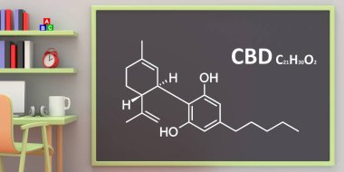 Cannabidiol, cbd yapısal kimyasal formül, tahtaya çizim, öğrenci odası arka planı. Kenevir ilacı molekülü. 3d illüstrasyon