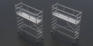 Kara arka planda izole edilmiş yapı kuleleri. İskele hareketli yapılar, inşaat için metal platform, güvenlik için bakım çalışmaları. 3d illüstrasyon