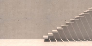 Merdivenler, yükselen beton merdivenler yukarı çıkıyor, boş oda, şablon. İş yaratıcılığı konsepti çok yükseldi. 3d illüstrasyon