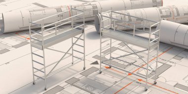 İnşaat planı projesindeki yapı kuleleri arka plan planları. Yapı iskeleleri, inşaat için metal platformlar güvenle çalışıyor. 3d illüstrasyon