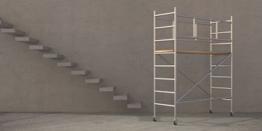Boş odada iskele kulesi, beton duvar ve merdiven arkası. Yapı iskelesi, inşaat için metal platform, güvenlik için bakım. 3d illüstrasyon