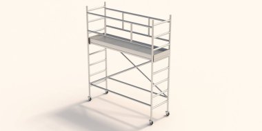 İskele kulesi beyaz arka planda izole edilmiş. Yapı iskelesi, inşaat için metal platform, güvenlik için bakım. 3d illüstrasyon
