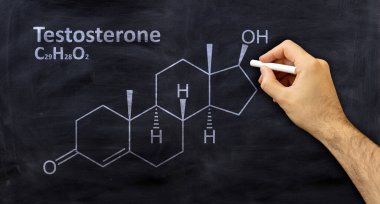 Testosteron yapısal kimyasal formül, tahtaya tebeşir çizilmiş el çizimi, okul kimya sınıfı. Seks hormonu modeli, anabolik steroid sembolü