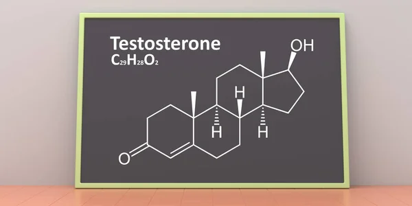 Testosterone structural chemical formula, Drawing on a board, Sex hormone model, anabolic steroid symbol. 3d illustration