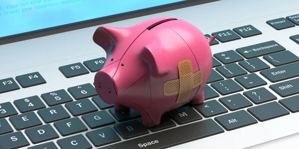 Bank finance digital aid. Broken piggybank with a patch on computer laptop background. Wounded electronic technology economy care with bandage. 3d illustration
